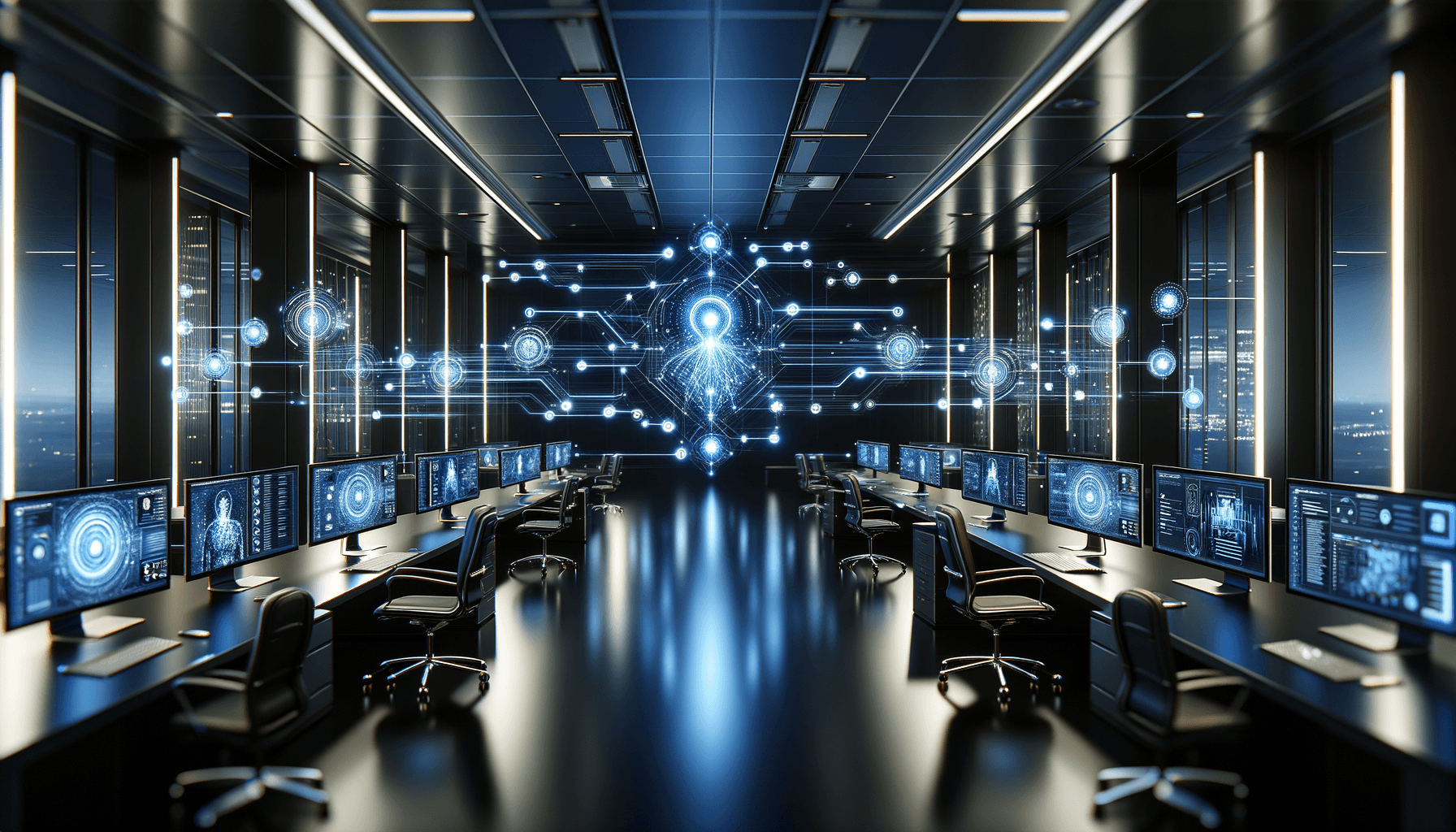 Futuristic business office with glowing AI neural network connections flowing between departments representing AI automation workflows