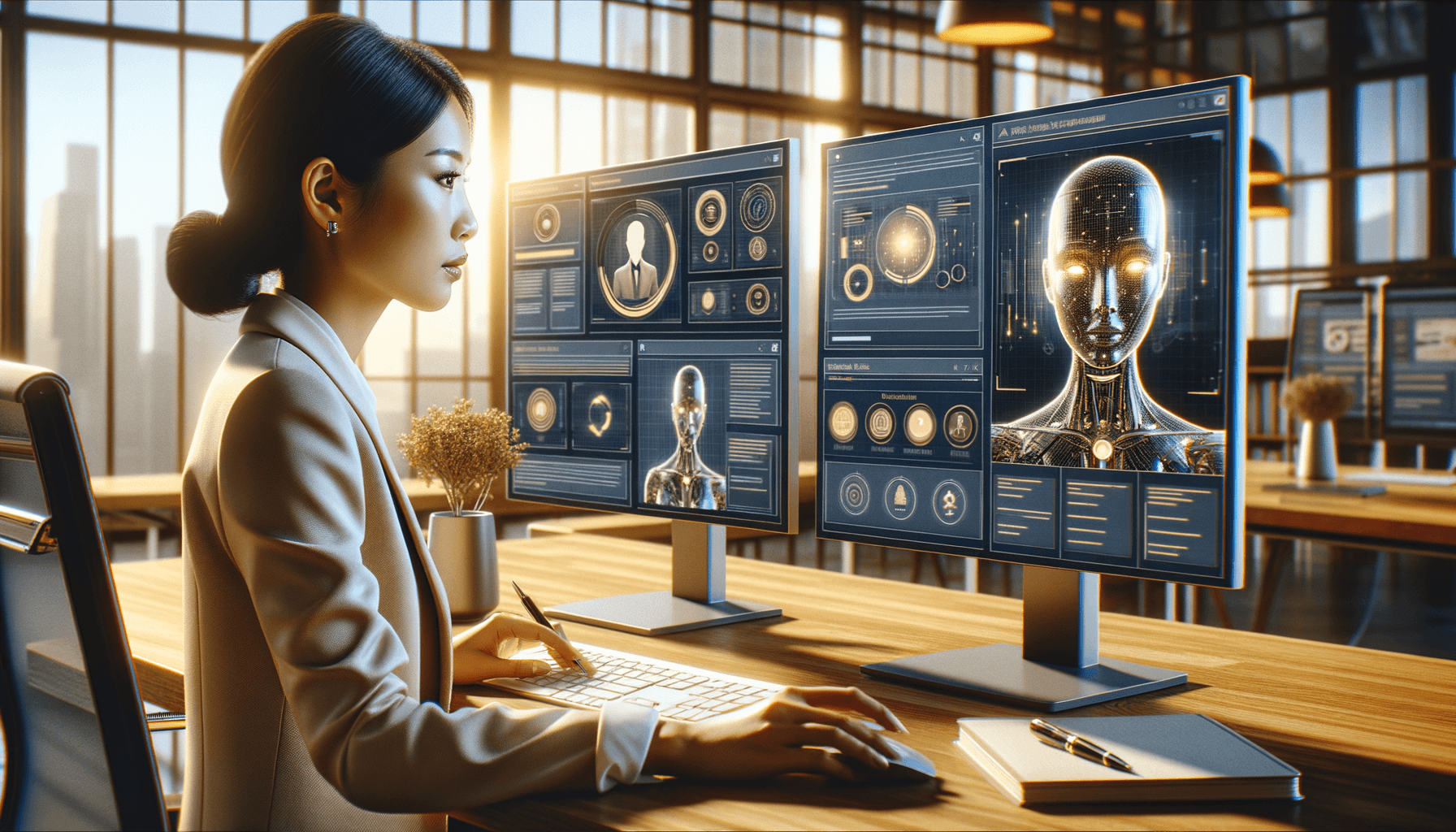 Professional reviewing AI-assisted content creation workflow on computer screens