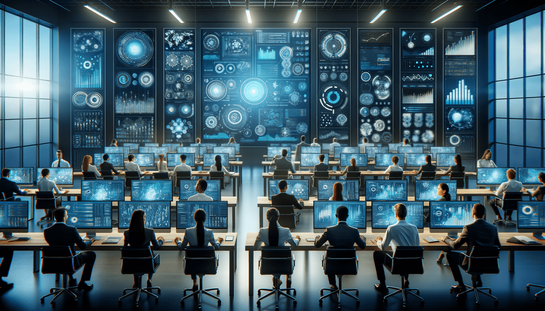 Business professionals analyzing AI data strategy dashboards and visualizations in modern office