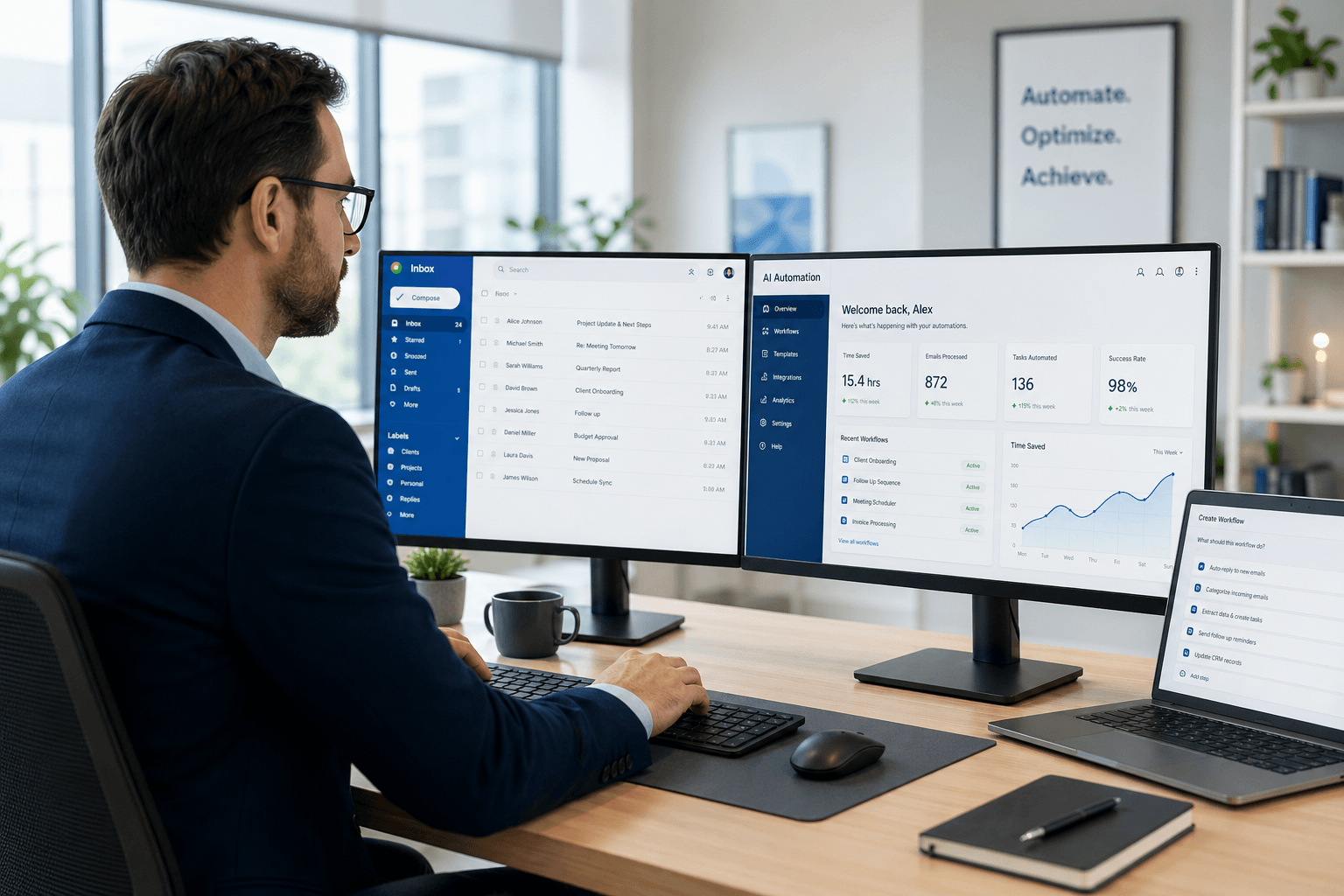 Professional workspace showing AI email automation dashboard and organized inbox management system