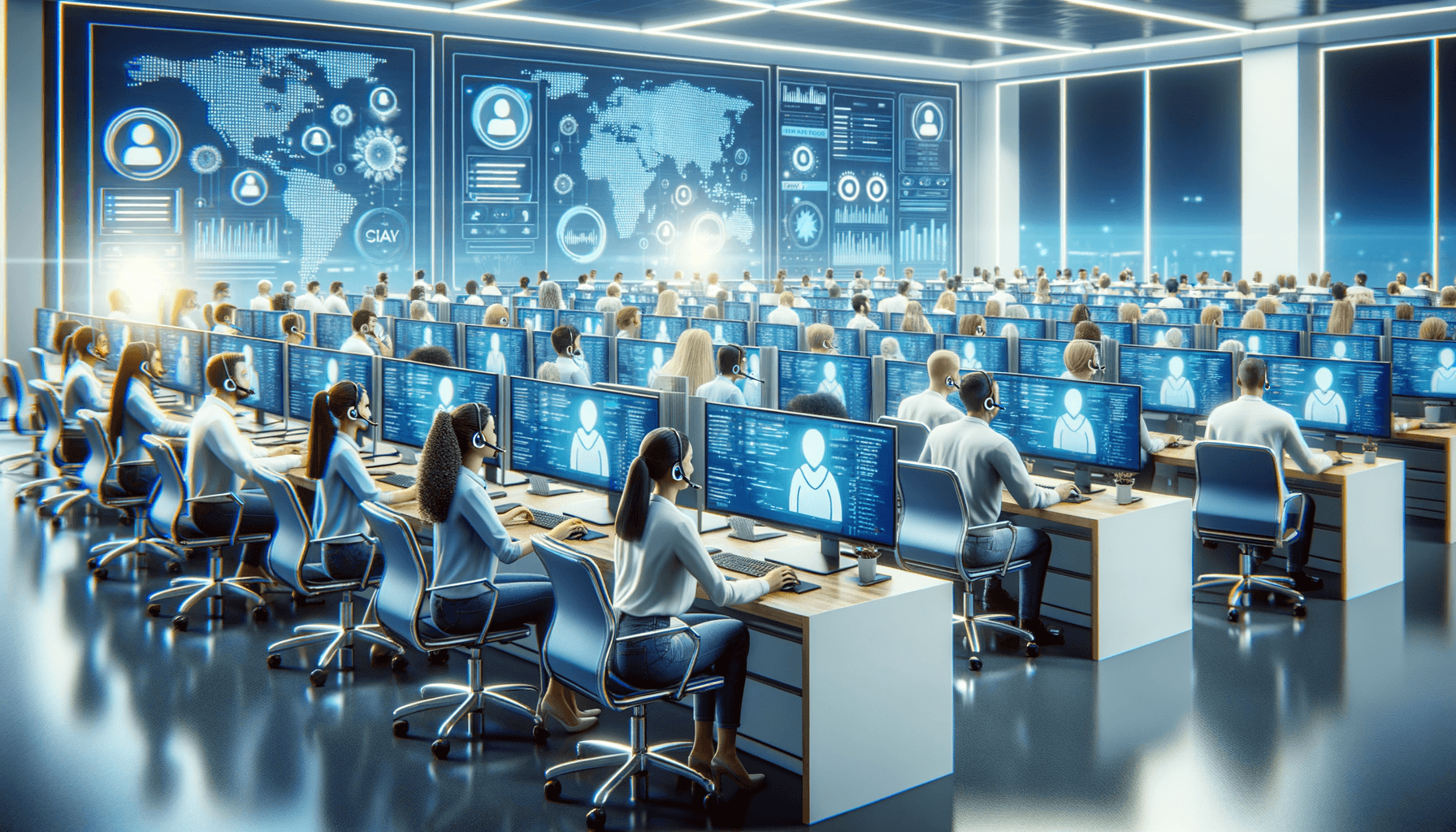 AI customer service center showing human agents collaborating with artificial intelligence systems