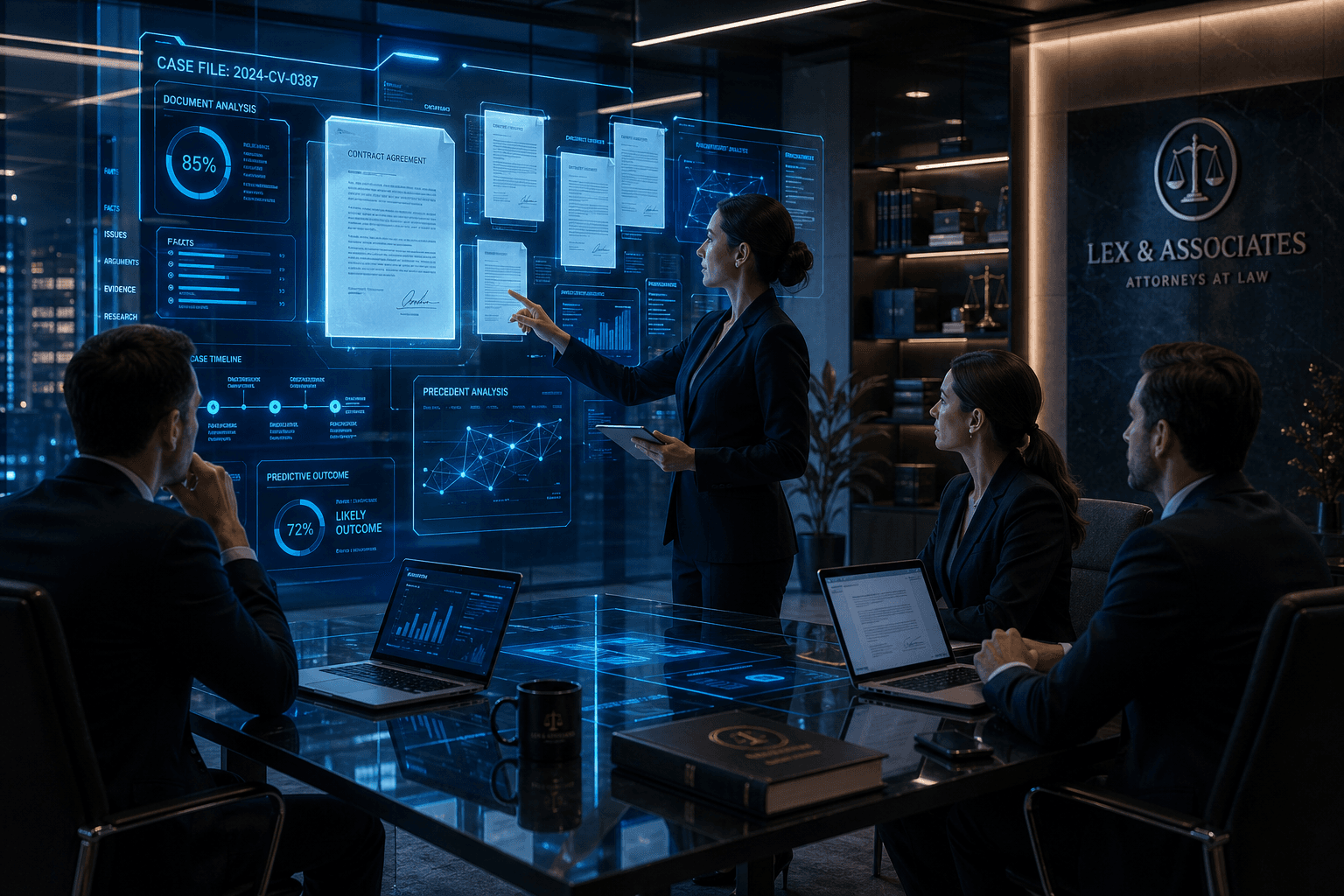 AI-powered legal document review interface in modern law firm office