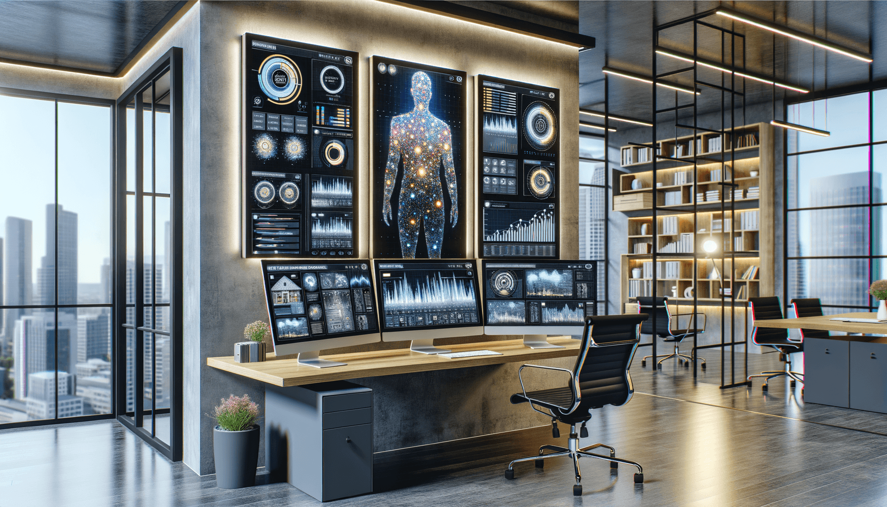 AI-powered real estate office with analytics dashboards and automated lead management systems