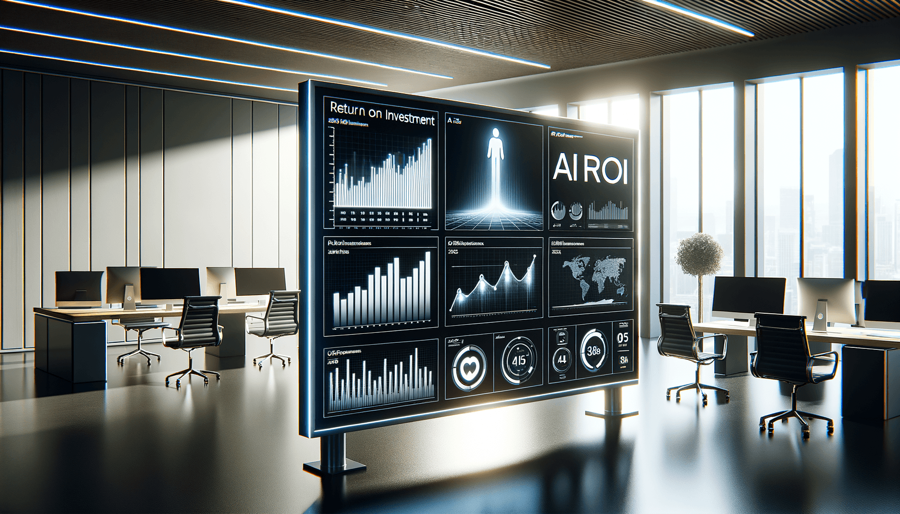 AI ROI dashboard displaying performance metrics and investment returns on computer monitors