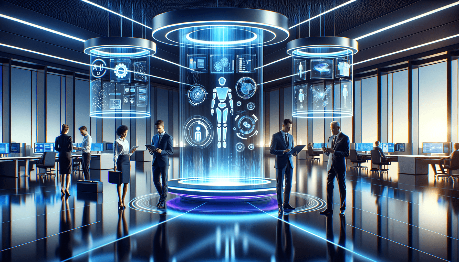 Modern office showing AI automation tools and business workflow interfaces