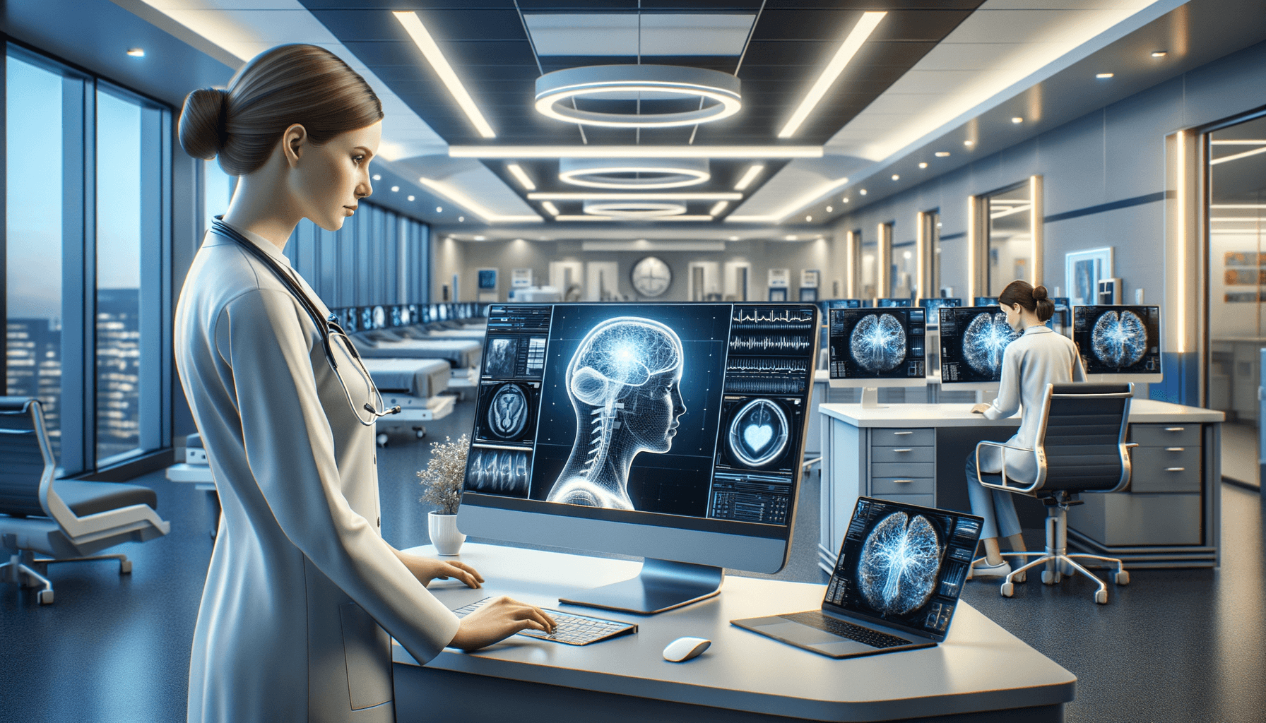 Modern healthcare AI integration showing physician with digital medical technology