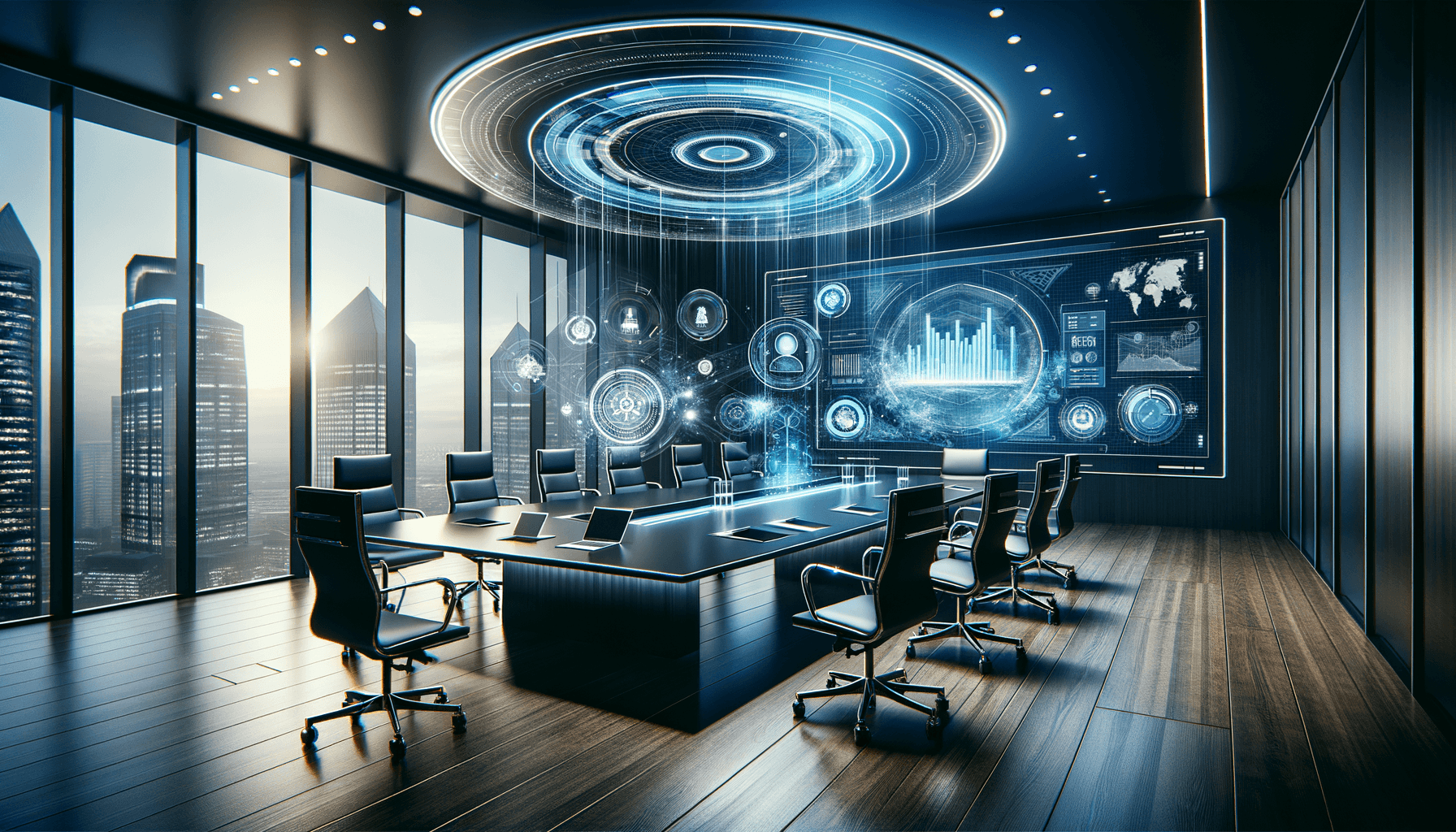 AI-powered unified communications interface in modern corporate conference room setting