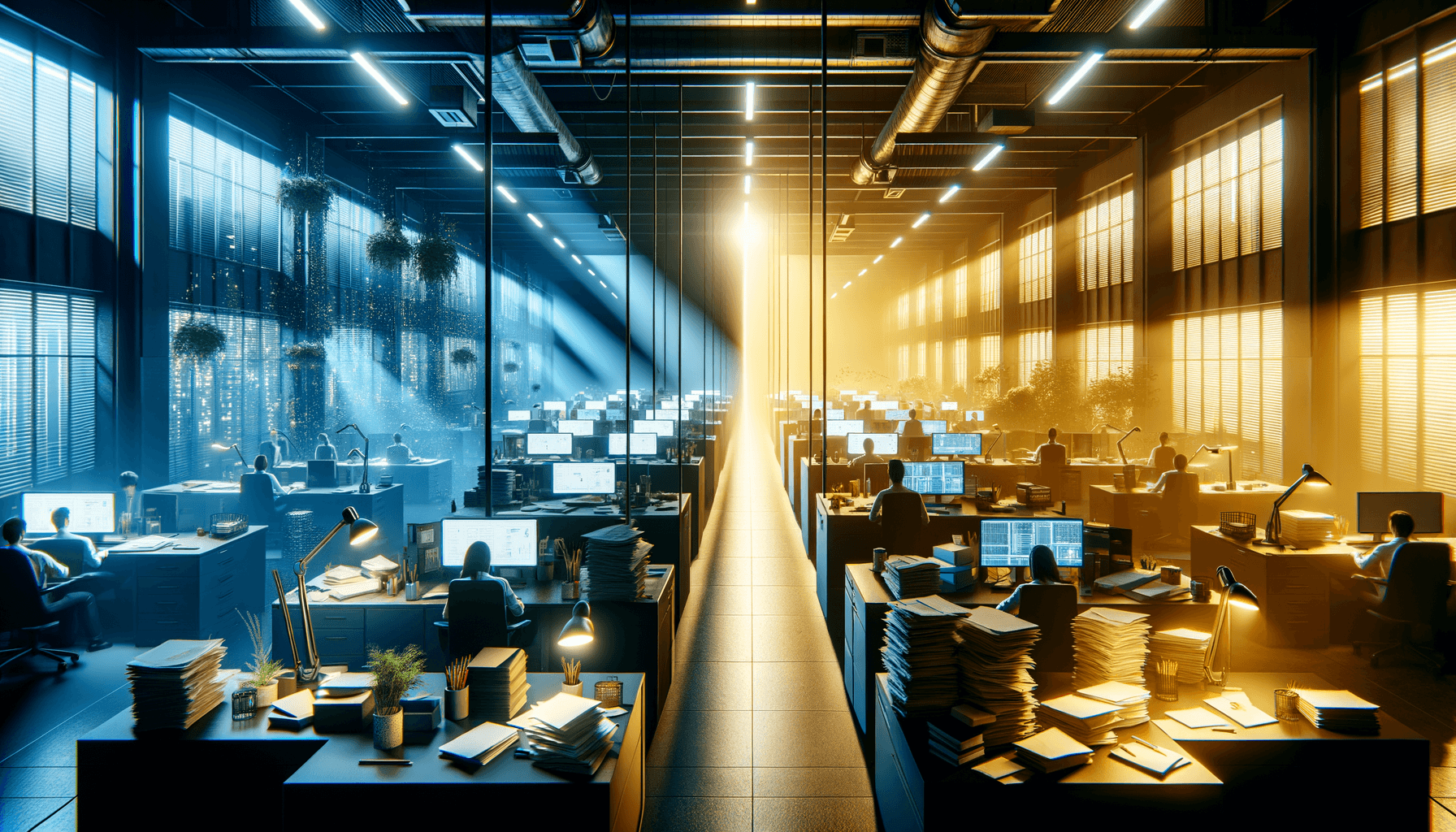 Split office scene showing AI-powered efficiency versus traditional business struggles without AI adoption