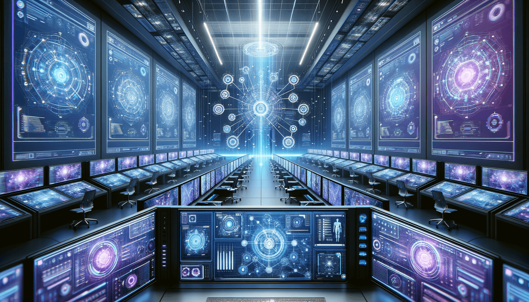 AI orchestration control room with multiple connected AI models and data workflows