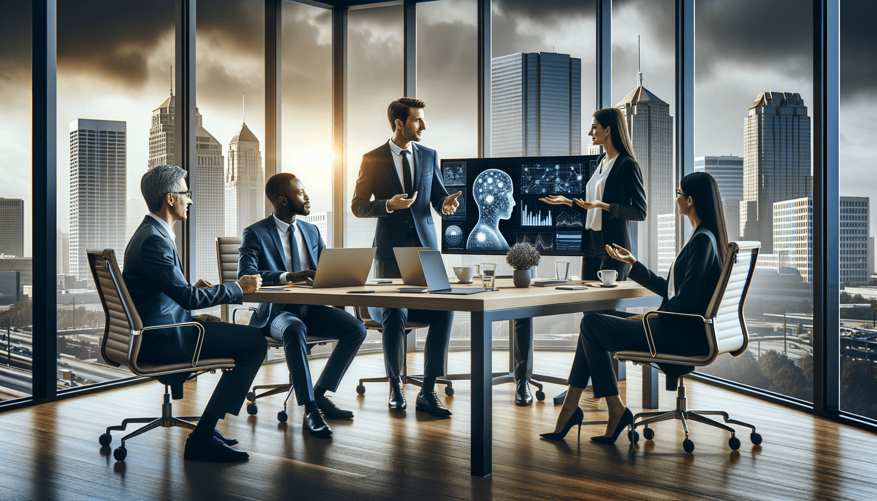 Indiana business team discussing AI implementation strategy in Fort Wayne office