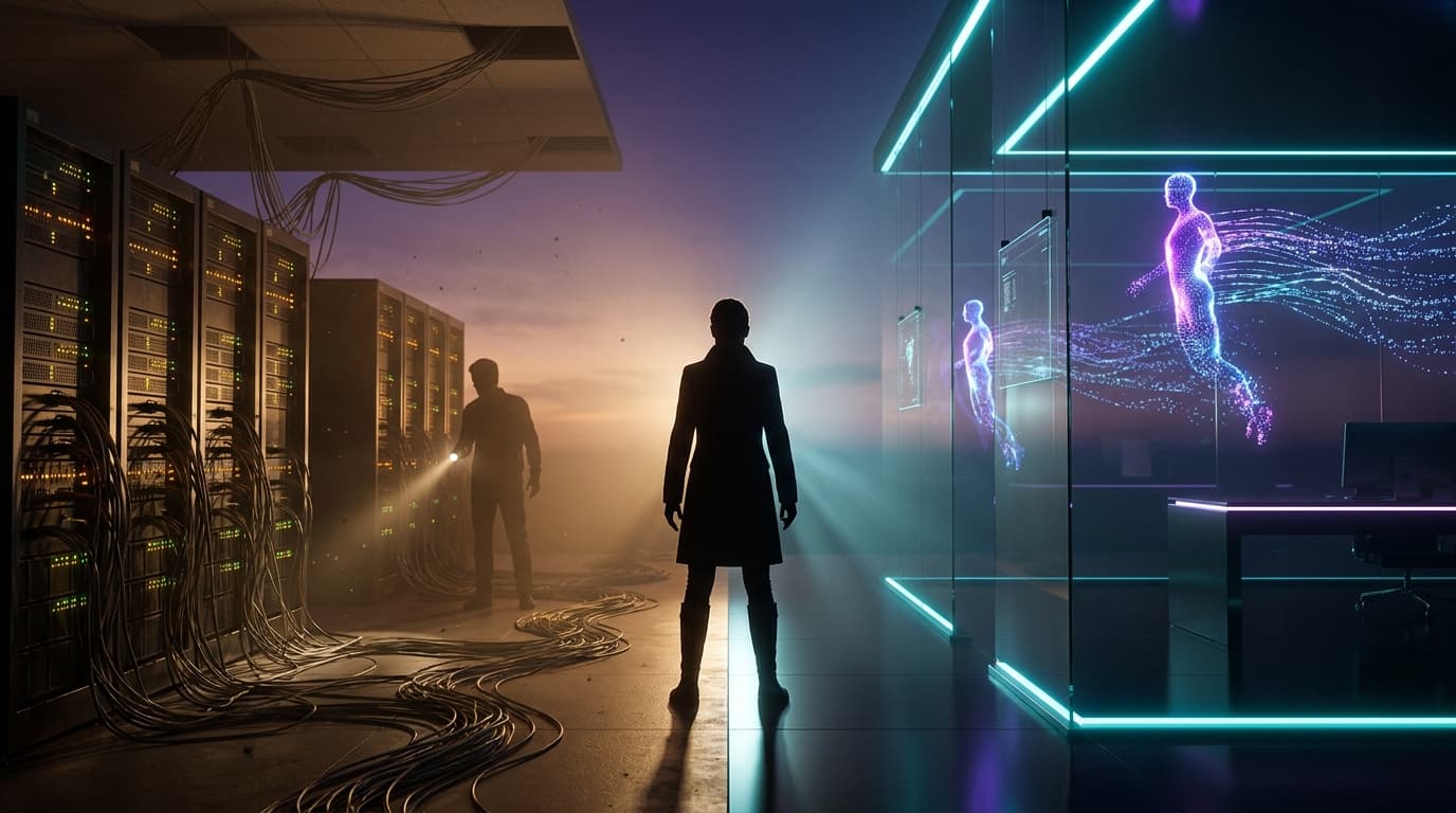 The MSP era dissolves into the Managed AI Provider era — a founder silhouette at the threshold between legacy server rooms and a holographic AI workspace