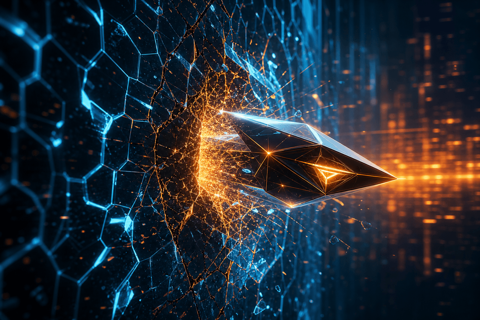 Autonomous AI agent breaching a digital security barrier illustrating AI agent security risks for small businesses