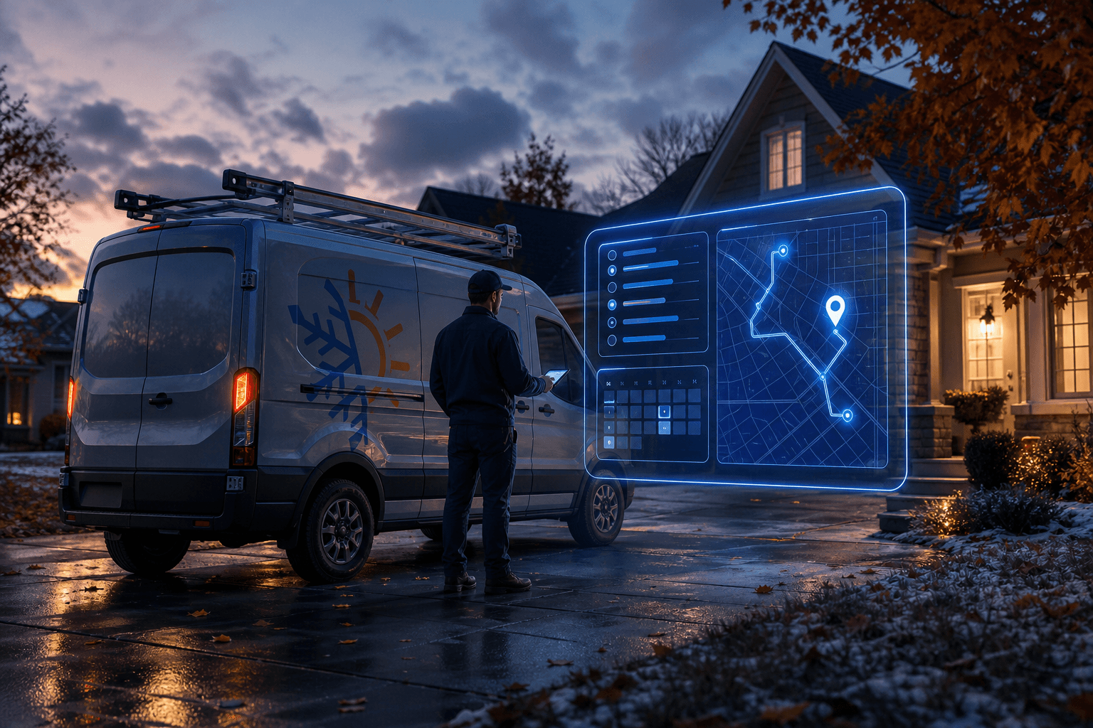 HVAC service van at dusk with a holographic AI dispatch and booking interface for home-services companies