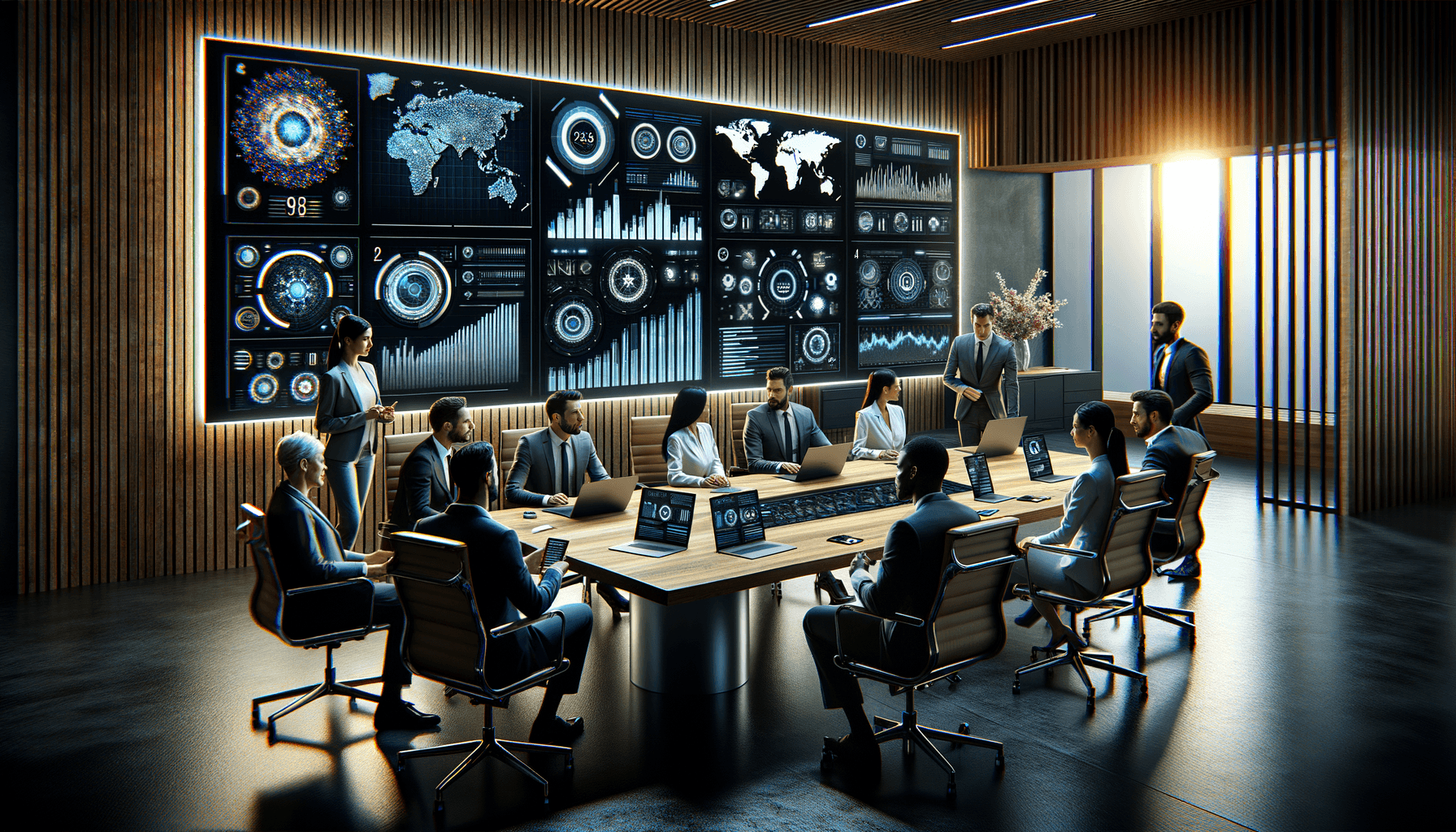 AI-powered sales team dashboard showing analytics and customer data in modern office