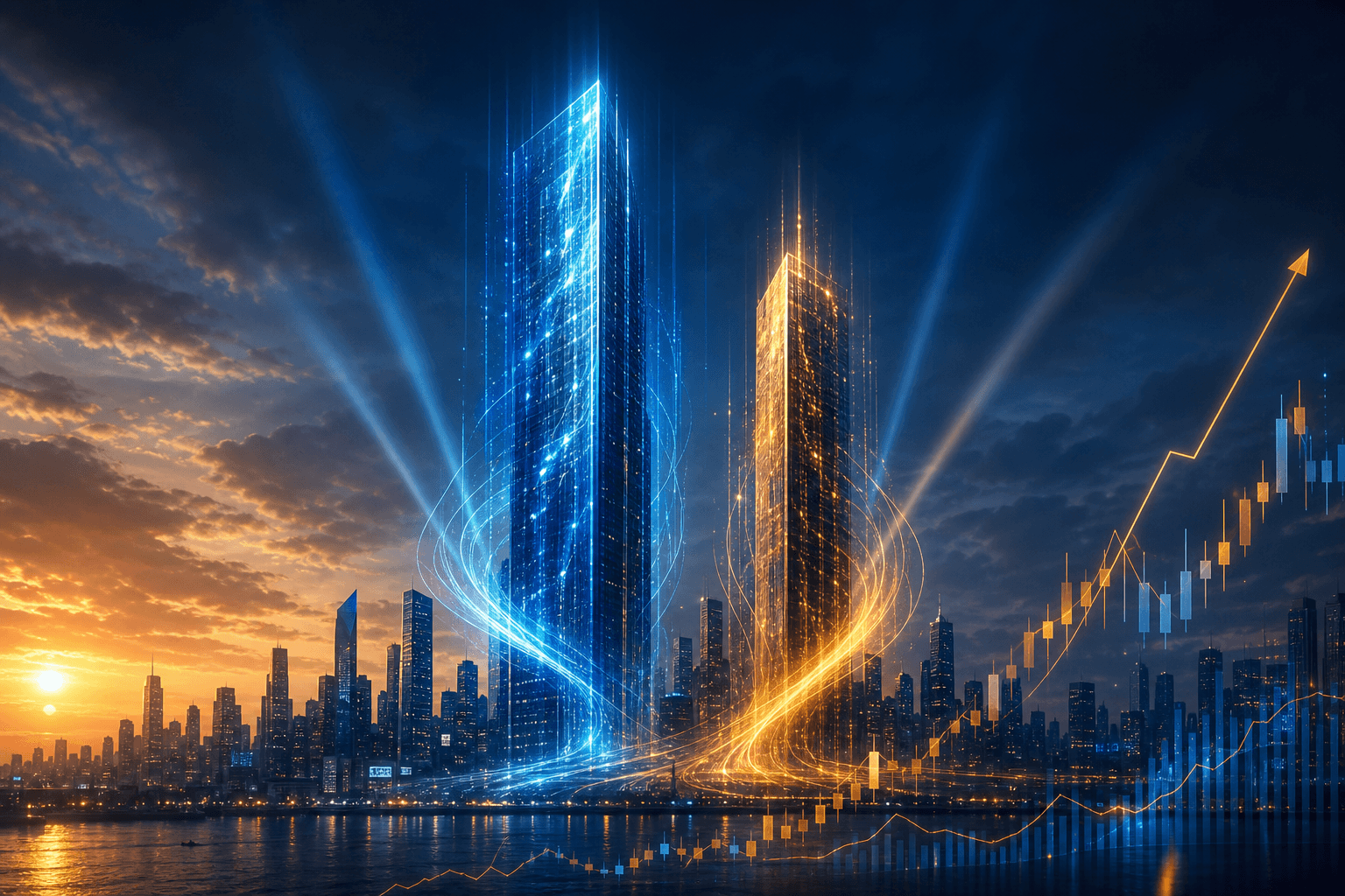 Two glowing digital towers representing Anthropic's IPO and AI vendor competition over a corporate cityscape