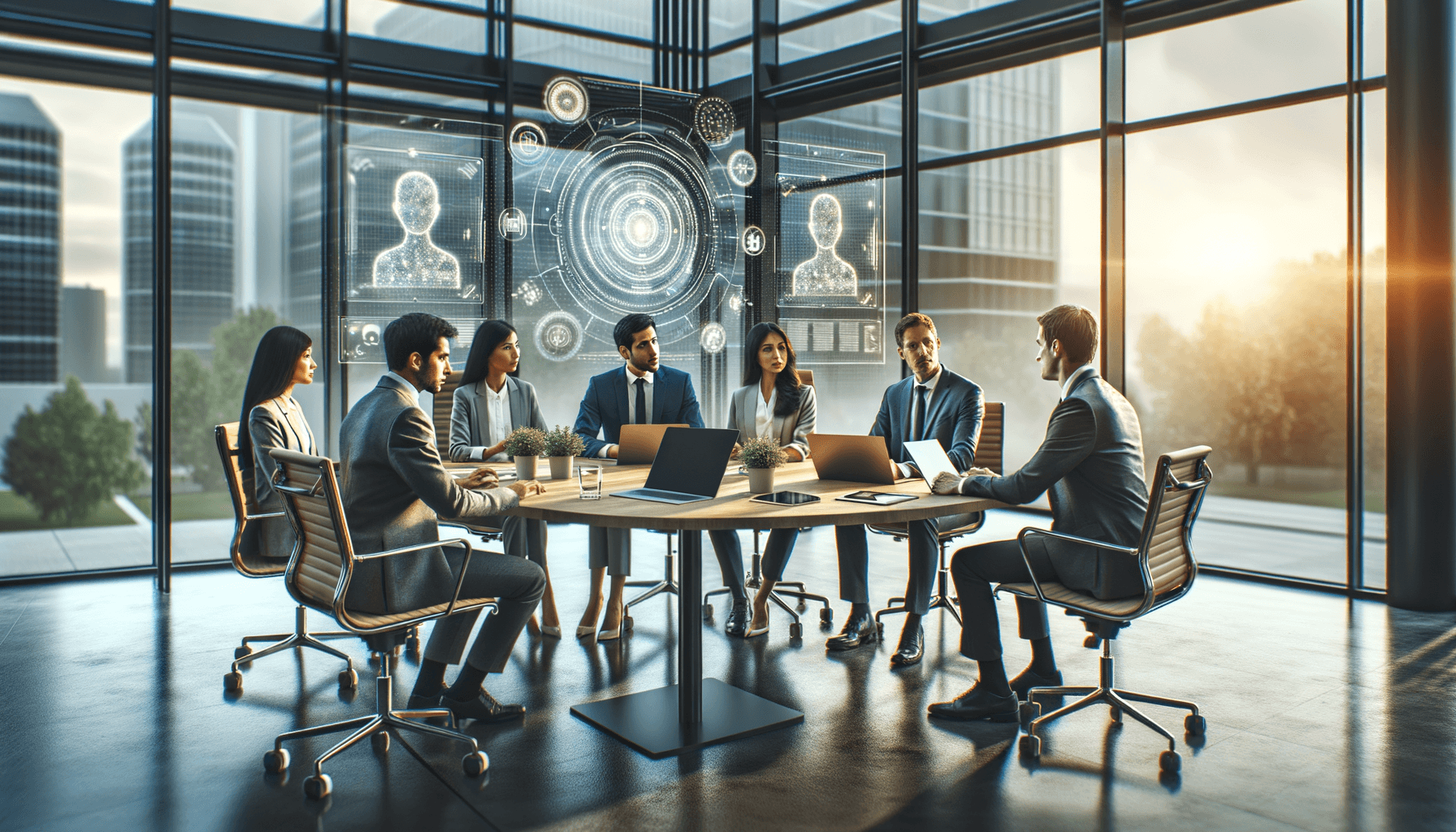 Employees training on AI tools in modern office meeting room with collaborative atmosphere