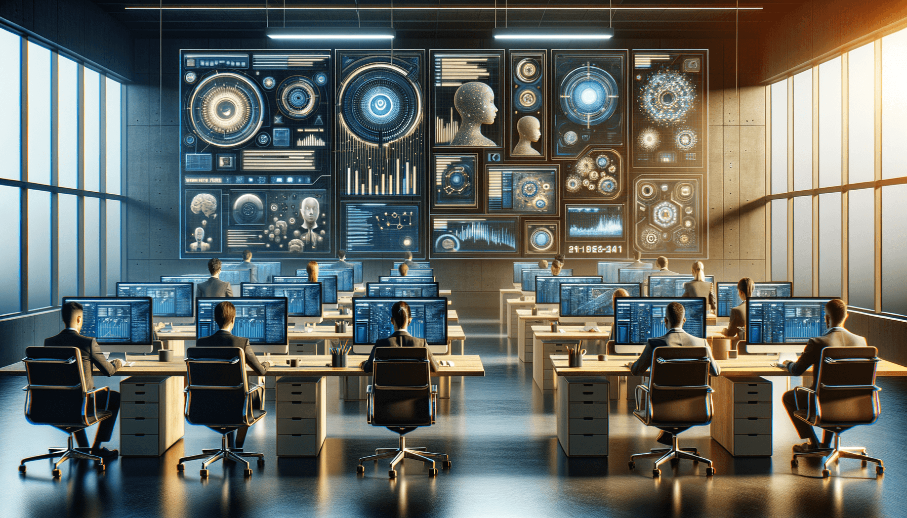 Business office with multiple AI interfaces on screens representing shadow AI usage